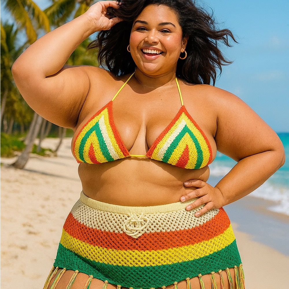 SHEIN Plus Crochet bikini top & Fringe Skirt Rasta Colors Adjustable Set 1X-3X - Picture 2 of 9